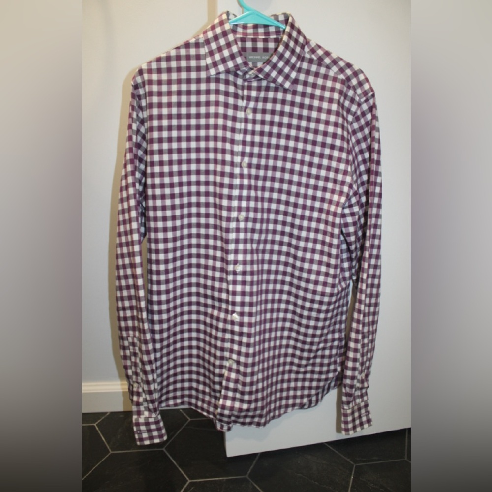 Michael Kors Men’s Purple Checkered Slim Fit Dress Shirt Long Sleeve Size Medium